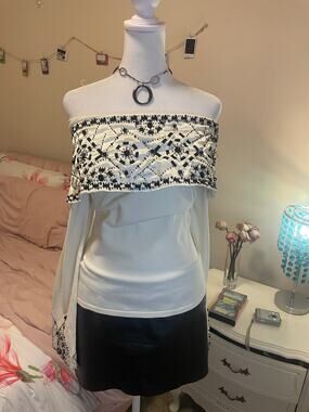 white and black beaded off the shoulder vintage top
